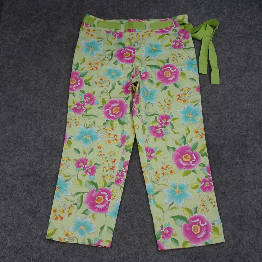 Pow Wow Pants Womens 12 Green Pink Floral Cropped Spring Summer Easter Belted